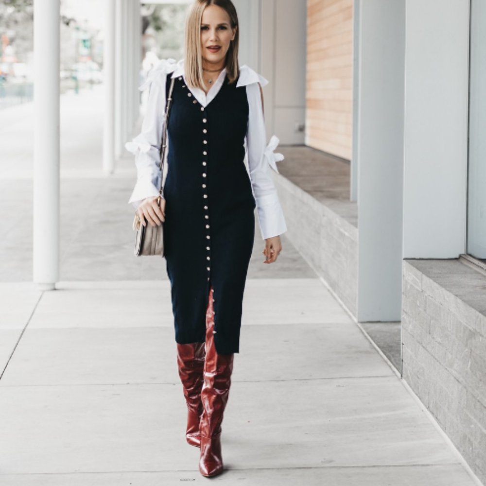 Zara Navy Long Blue Knit Dress with Gold Buttons, Size M